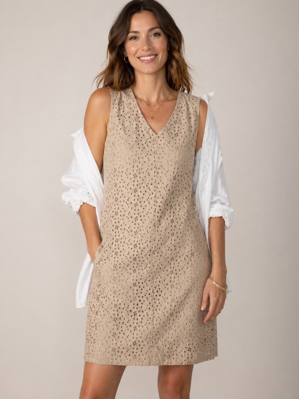 Talbots Khaki Eyelet Lace Sleeveless Dress Size 6 Lined Shift Boho Classic